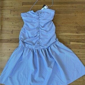 Strapless Ruched Midi Dress in Light Blue